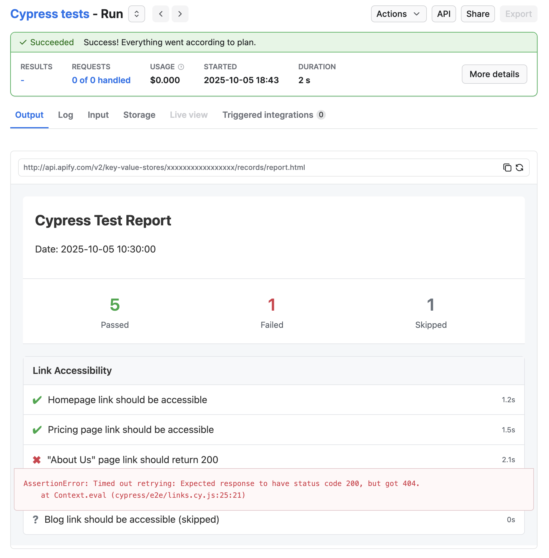 HTML report in Output tab