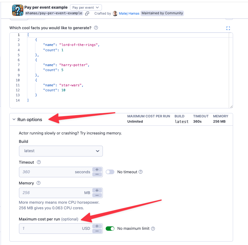 Pay per event Actor - max charge per run