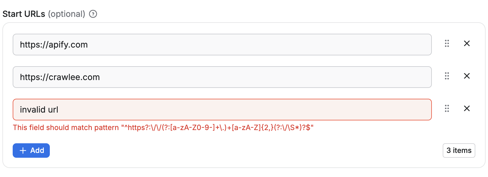 Apify Actor input schema with sub-schema array string